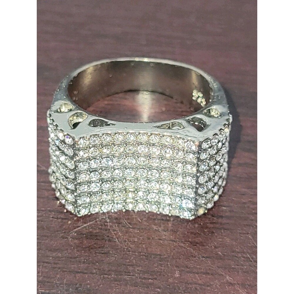 925 Sterling Silver Pavé CZ Wide Rectangle Statement Ring Iced Out Size 9